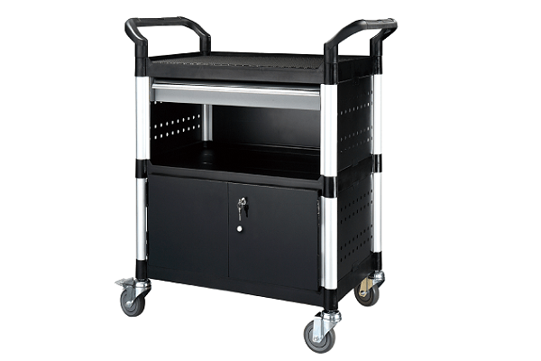 3 Shelves Utility Tool Trolley W/ One Drawer, Side Panels And 2 Small Doors. Panels On 3 Sides,
